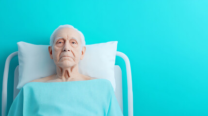 An elderly man with a solemn expression lies in a hospital bed, draped in a light blue gown. The room has a calm, turquoise background, suggesting a serene medical environment.