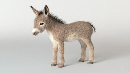 Obraz premium A cute, fluffy donkey foal standing on a white background, looking to the side.