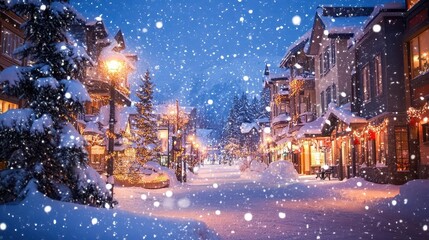 Obraz premium a vibrant winter city scene blanketed in snow, with twinkling lights adorning the buildings, evoking a cozy, festive mood
