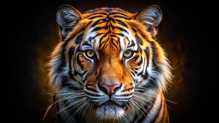 Fototapeta premium A Majestic Tiger's Intense Gaze Captivates with Striking Contrast of Orange and Black Stripes Against a Dark Background