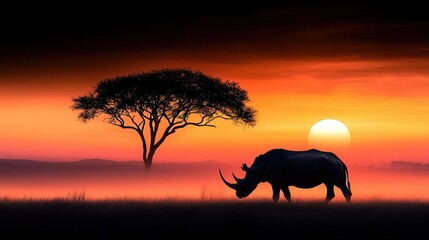 Naklejka premium Rhinoceros grazing in a misty savanna at dawn, silhouette against rising sun, Rhinoceros, Strength and quiet beauty