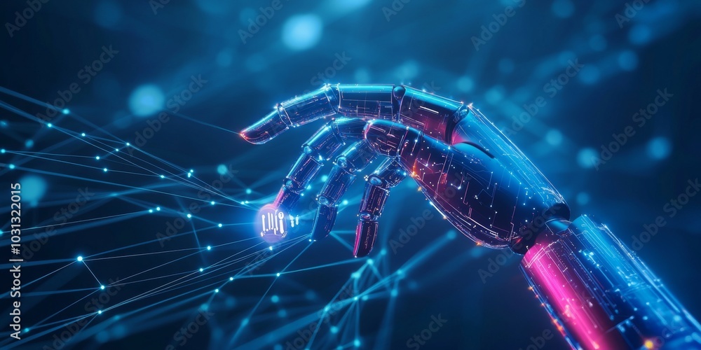 Poster a robotic hand reaches out to a glowing sphere of data, surrounded by a network of lines and nodes r