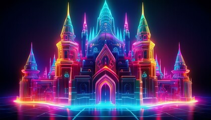 Fototapeta premium A glowing wireframe castle rises, its iridescent neon hues casting a futuristic glow, blending architectural marvel with dreamlike illumination in a breathtaking vision of modern design.