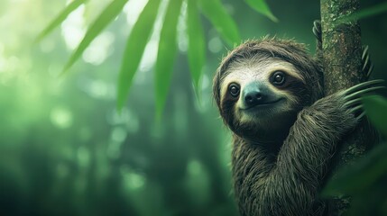 Naklejka premium Sloths hanging lazily from tree branches, slow movement captured in a peaceful environment, Sloth, Relaxation and tranquility