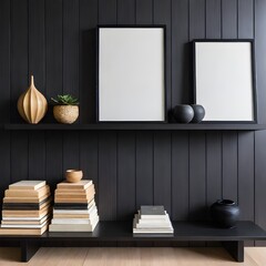 Poster frame mockup on the shelf leaning against wooden wall, empty frame mockup design, mockup frame