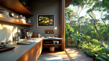 Modern kitchen with natural light and greenery outside.