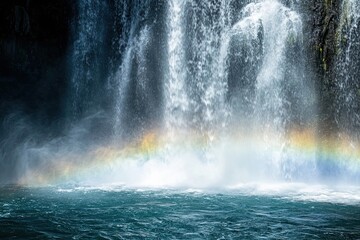 Waterfall cascading into a pool with a rainbow forming in the mist