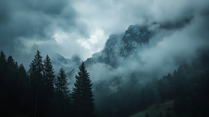 A misty mountain range with silhouetted pine trees in the foreground, creating a dramatic and moody landscape.
