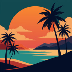 Beautifull retro and vintage summer vibes t-shirt design with palm tree, sea beach, and sunset vector illustration