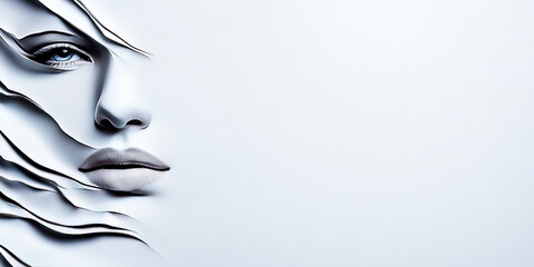 Close-up of a woman's face emerging from white paper.