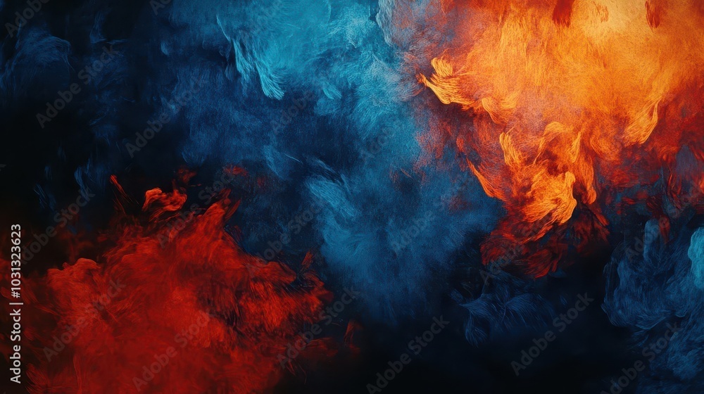 Poster abstract dark blue, orange, and red grainy texture background, featuring vibrant color waves and a s