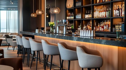 Obraz premium Modern Bar Interior with Marble Counter and White Stools