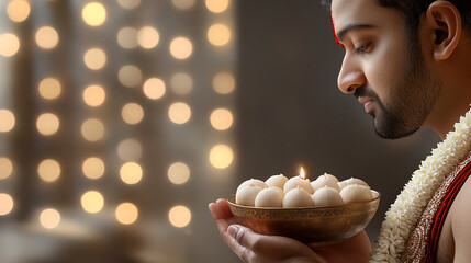 Man holding traditional sweets with reverence
