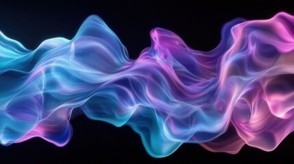 Obraz premium abstract design of iridescent fluid waves in motion, showcasing a colorful gradient of blues, purples, and pinks against a stark black background, evoking a sense of mystery