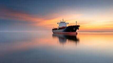 Cargo ship at sunset, calm waters reflecting vibrant colors.