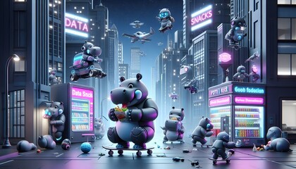 3d rendered cartoon hippo robots exploring a futuristic metropolis filled with robot life. They might be riding robotic skateboards, eating &ldquo;data snacks&rdquo; from food stalls.
