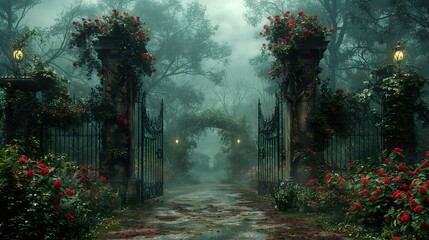 Obraz premium Enchanted Rose Garden Gate in the Mist