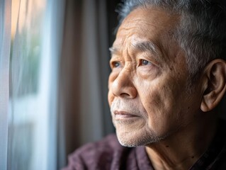 thoughtful elderly asian man gazing out a nursing home window, reflecting on memories with a melancholic expression. the soft light of the room creates an emotional and poignant atmosphere
