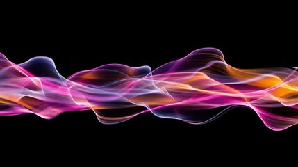 Abstract flowing wave of pink, blue, and yellow light on a black background.