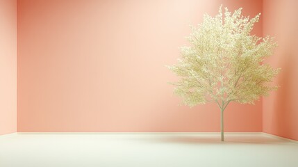 Obraz premium A solitary tree in a minimalistic pink room, creating a serene atmosphere.