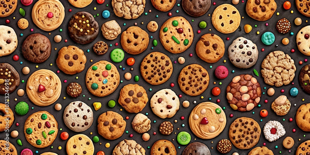 Poster colorful seamless cookie pattern on dark background for vibrant design projects