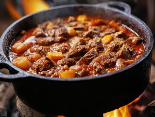 traditional hungarian goulash simmering in a rustic cast iron pot over an open flame, showcasing rich colors and inviting aromas that evoke campfire cooking memories