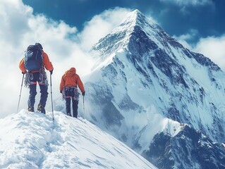 two climbers scaling a snowy mountain peak, showcasing determination against a stunning icy backdrop, embodying the spirit of adventure and the thrill of professional hiking