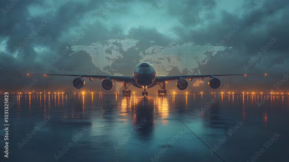 Poster airplane on a reflective runway with a world map backdrop.
