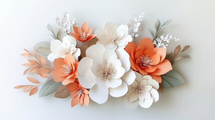 Beautiful arrangement of paper flowers in soft peach, white, and green tones.