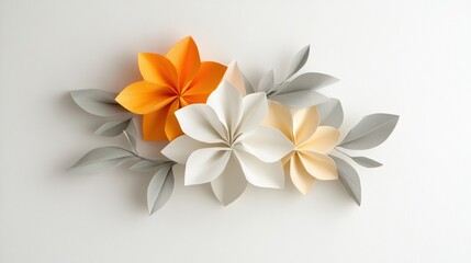 Fototapeta premium Beautiful paper flowers in white, orange, and grey on a white background.