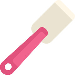 Pink silicone spatula with wooden handle spreading icing on cake, baking tool vector illustration isolated on white background