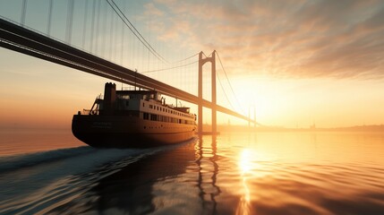 Fototapeta premium Boat sailing under a bridge at sunset, reflections on water, vibrant sky colors.