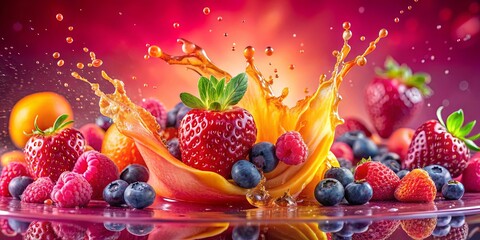 A symphony of vibrant colors, a burst of juicy freshness, and a symphony of sweet flavors create a tantalizing visual feast as a splash of liquid envelopes a cluster of berries and fruits.