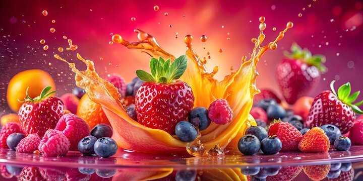 A symphony of vibrant colors, a burst of juicy freshness, and a symphony of sweet flavors create a tantalizing visual feast as a splash of liquid envelopes a cluster of berries and fruits.