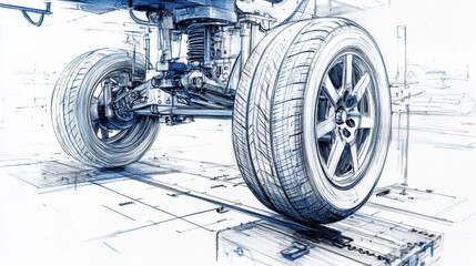 A detailed pencil sketch of a tire alignment machine showcasing precision in automotive mechanics during an alignment check
