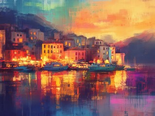 vibrant digital painting illustrating a bustling coastal cityscape at sunset, with colorful buildings reflecting on the water. the warm hues create a lively and inviting atmosphere