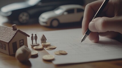 Miniature cars, houses and families on a table with white paper and coins nearby. Conceptual scene for personal financial management and long-term investment to buy them