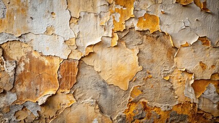 Fototapeta premium A weathered wall reveals layers of time, with peeling paint showcasing the passage of years, leaving behind a mosaic of ochre and beige hues.