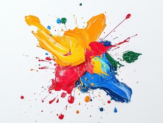 vibrant explosion of colored oil paint, splattered artfully and isolated on a pure white background, capturing the essence of creativity and artistic expression