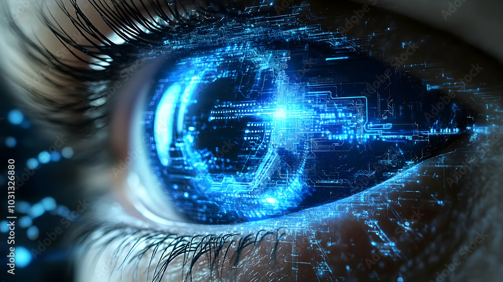 Poster futuristic digital eye with glowing circuitry and data patterns.