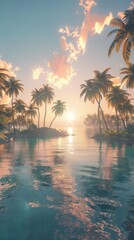Early morning tranquility with a stunning sunrise over a serene lagoon surrounded by palm trees