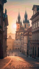 Naklejka premium Sunrise casts warm light over historic church spires in a charming city, illuminating cobblestone streets and ancient architecture