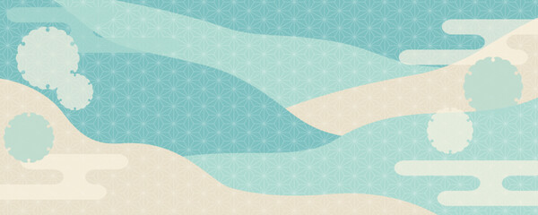 青緑の和風背景。山々と麻の葉模様、エ霞、雪輪のベクターイラスト。横。