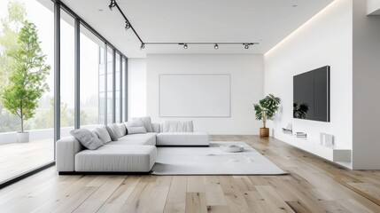 A large white couch sits in front of a large white wall with a white board on it. A television is mounted on the wall above the couch. A potted plant sits on a table in the room. The room is bright