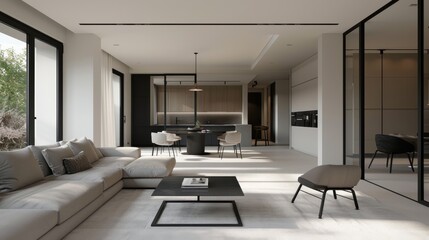 A modern living room with a black coffee table and a white couch. The room has a minimalist design and a clean, open feel