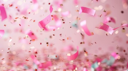 Pink and Gold Confetti Falling on a Pastel Pink Background for a Festive Celebration.