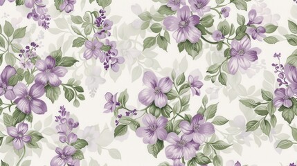 Soft floral wallpaper featuring delicate lavender blooms amidst lush green leaves in a serene and inviting setting