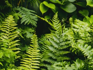 vibrant green fern plants filling the background, creating a lush, natural setting that enhances the richness of the surrounding flora