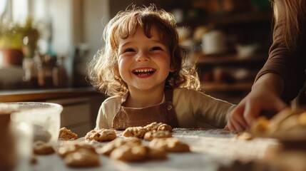 A young girl is smiling and laughing while sitting at a table with cookies