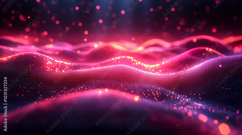 Poster abstract glowing waves with vibrant colors and sparkling particles.